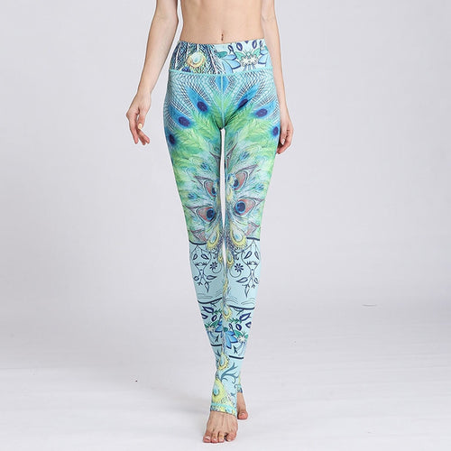 Fresh Green Peacock printed yoga pants women sexy tight fashion outdoor sports fitness leggings running sports leggings HK132