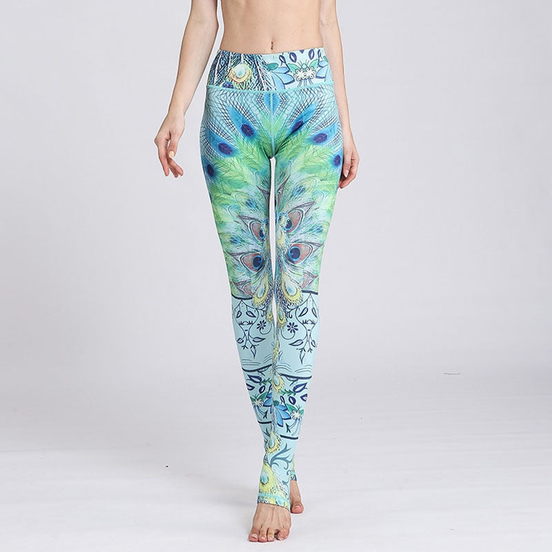 Fresh Green Peacock printed yoga pants women sexy tight fashion outdoor sports fitness leggings running sports leggings HK132