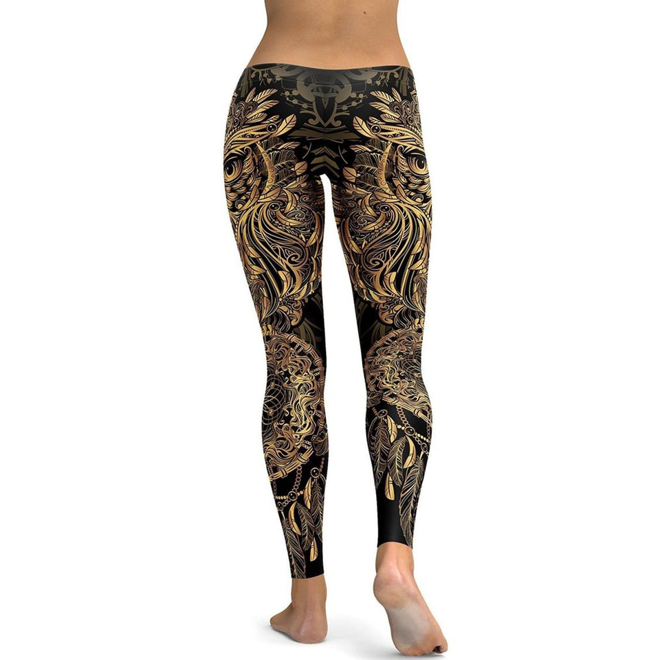 Golden Ornamental Owl Yoga Leggings High Waist Yoga Pants Breathable Gym Fitness Push Up Girl Yoga Workout Leggings