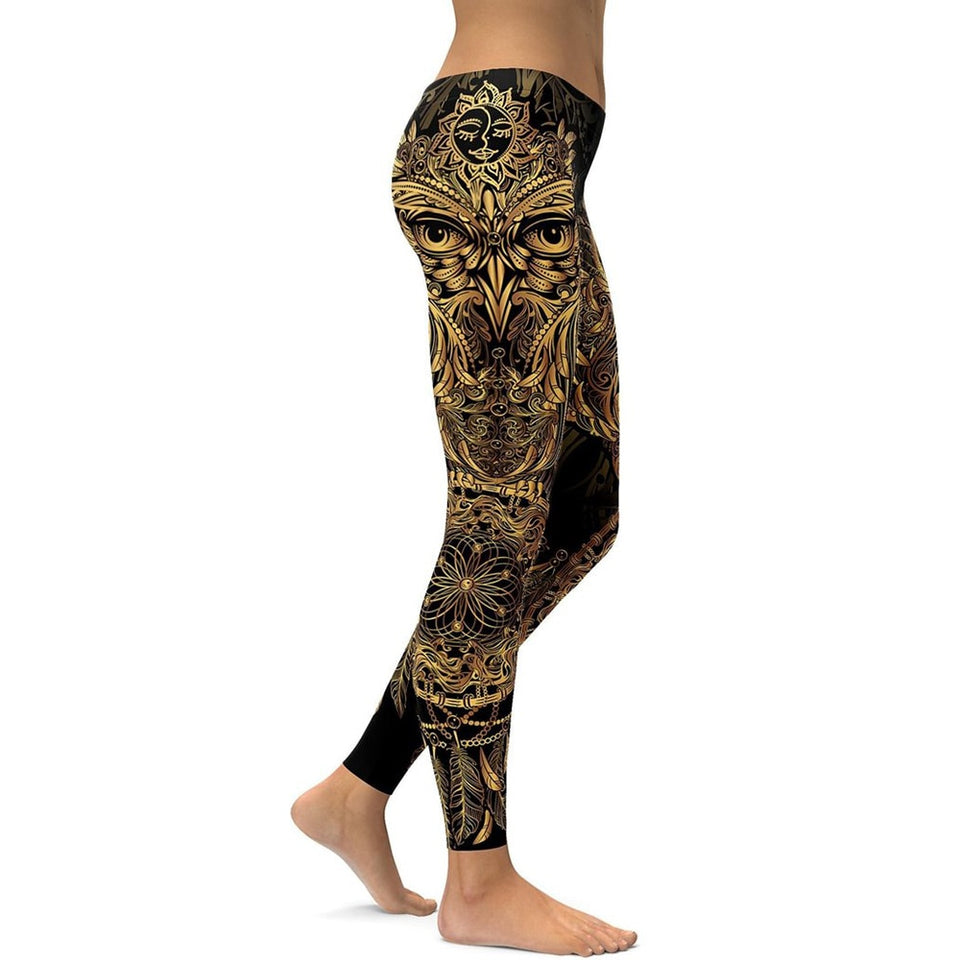 Golden Ornamental Owl Yoga Leggings High Waist Yoga Pants Breathable Gym Fitness Push Up Girl Yoga Workout Leggings