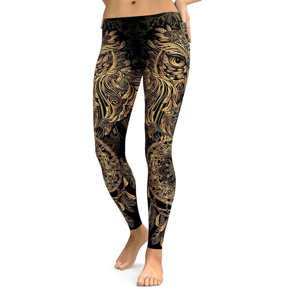 Golden Ornamental Owl Yoga Leggings High Waist Yoga Pants Breathable Gym Fitness Push Up Girl Yoga Workout Leggings