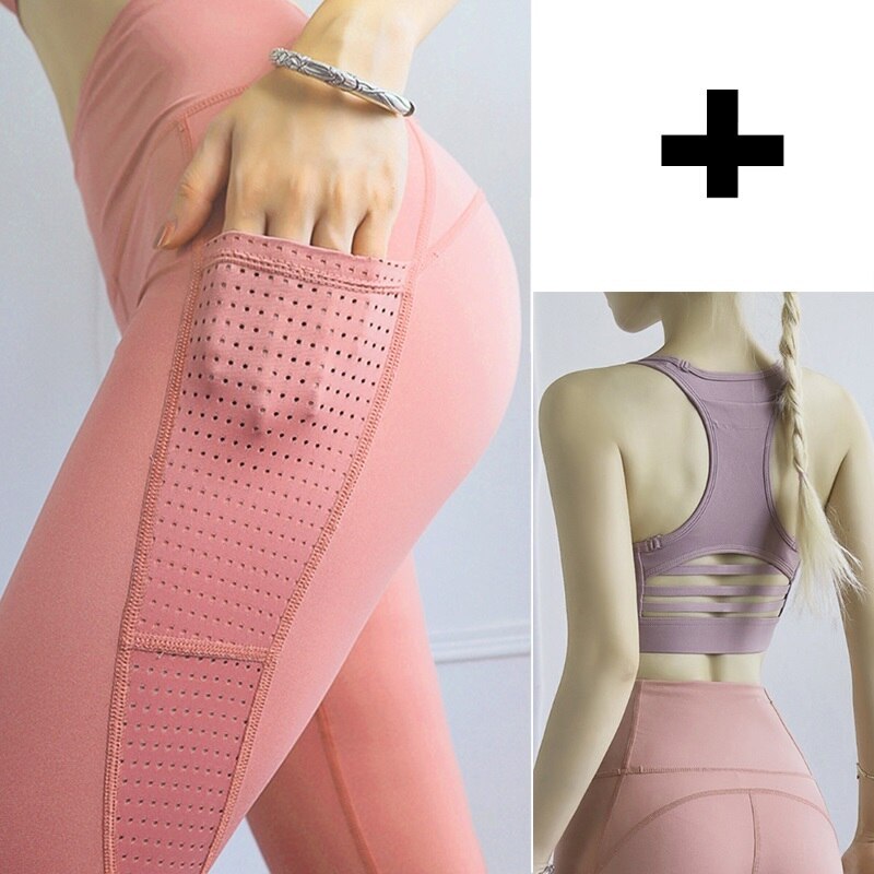 Phone Pocket Yoga Set Workout Sportswear Women Clothing Fitness Suit Crop Top Bra High Waist Pants Leggings Push up Sports Suits