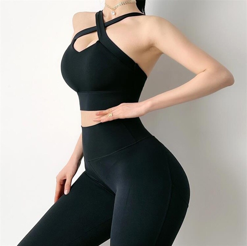 Phone Pocket Yoga Set Workout Sportswear Women Clothing Fitness Suit Crop Top Bra High Waist Pants Leggings Push up Sports Suits