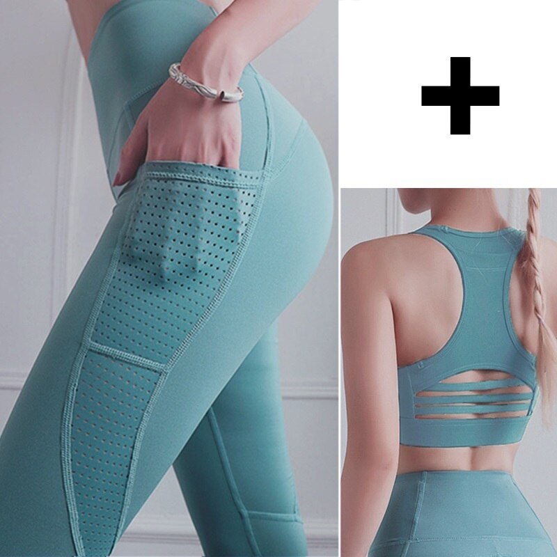 Phone Pocket Yoga Set Workout Sportswear Women Clothing Fitness Suit Crop Top Bra High Waist Pants Leggings Push up Sports Suits