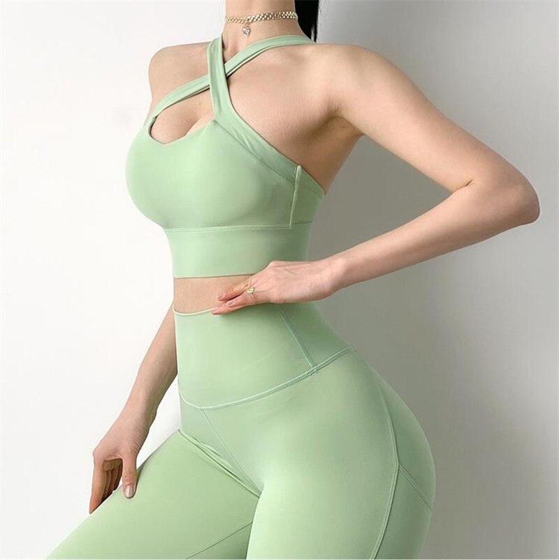 Phone Pocket Yoga Set Workout Sportswear Women Clothing Fitness Suit Crop Top Bra High Waist Pants Leggings Push up Sports Suits